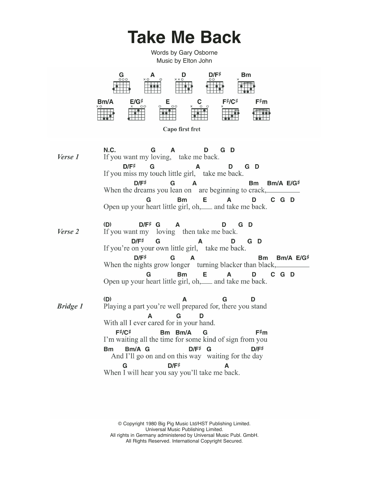 Elton John Take Me Back sheet music notes and chords. Download Printable PDF.