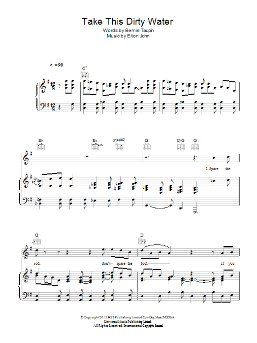 Elton John Take This Dirty Water sheet music notes and chords arranged for Piano, Vocal & Guitar Chords