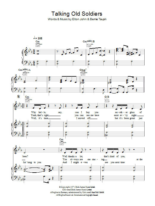 Elton John Talking Old Soldiers sheet music notes and chords. Download Printable PDF.