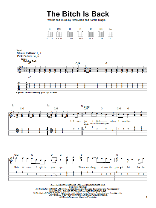 Elton John The Bitch Is Back sheet music notes and chords arranged for Piano & Vocal