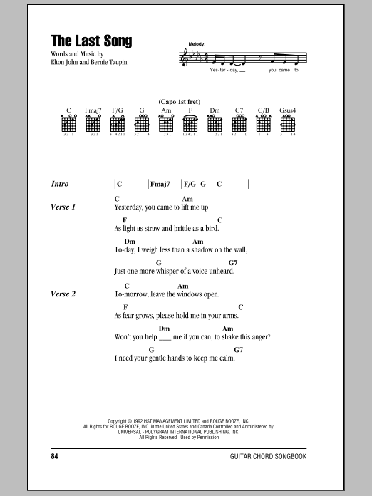 Elton John The Last Song sheet music notes and chords. Download Printable PDF.