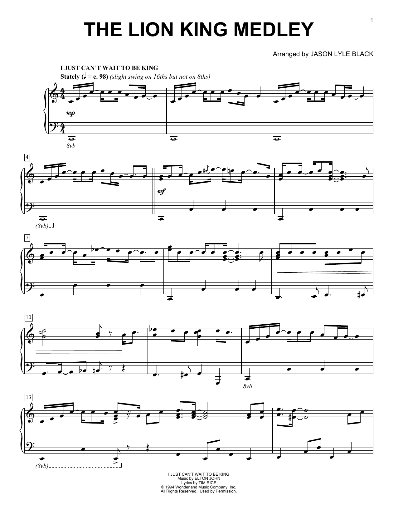 Elton John & Tim Rice Lion King Medley (arr. Jason Lyle Black) sheet music notes and chords. Download Printable PDF.