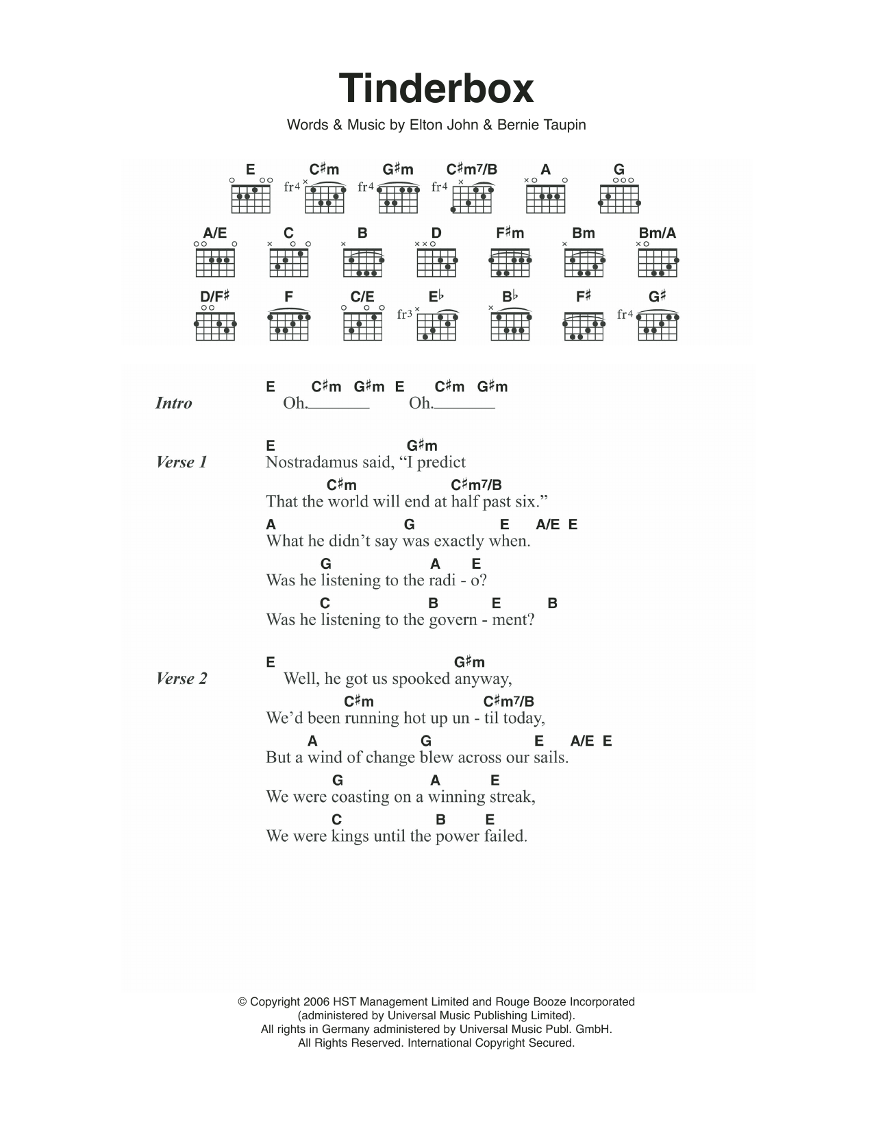 Elton John Tinderbox sheet music notes and chords. Download Printable PDF.