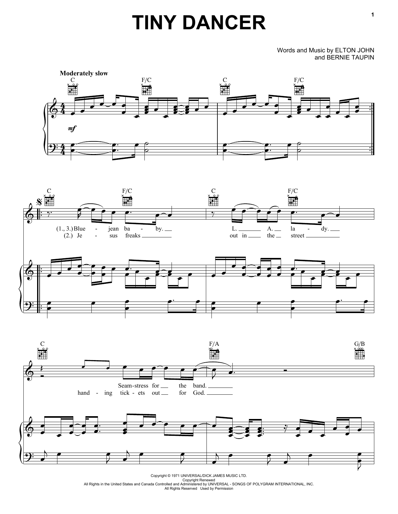 Elton John Tiny Dancer sheet music notes and chords arranged for Really Easy Piano