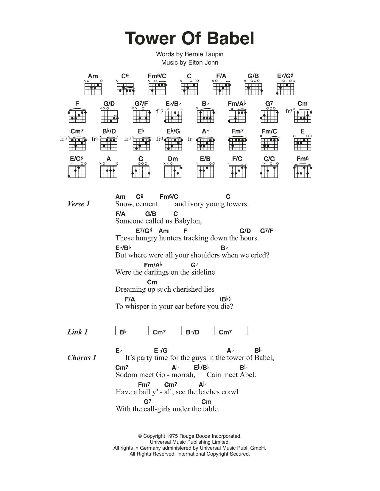 Elton John Tower Of Babel sheet music notes and chords arranged for Piano, Vocal & Guitar Chords