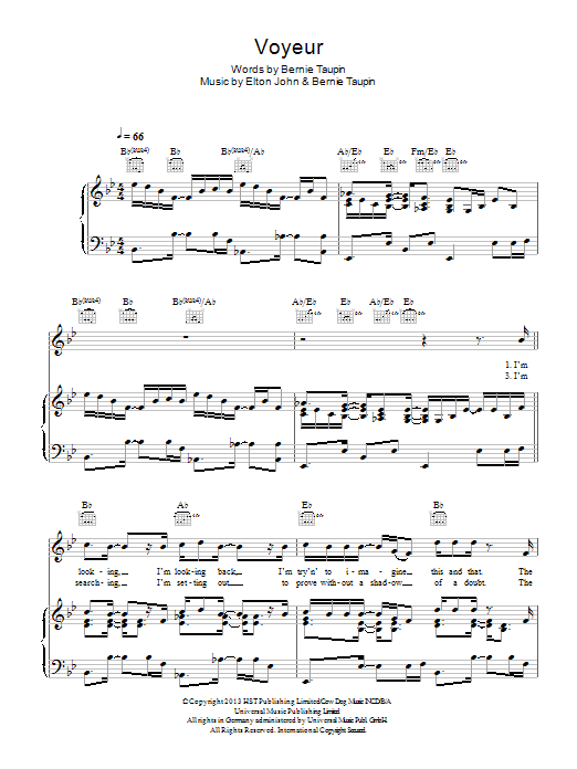 Learn to play Elton John Voyeur sheet music for Piano, Vocal & Guitar Chords in minutes. Price: 7.8900$ Elton John Voyeur sheet music notes and chords arranged for Piano, Vocal & Guitar Chords