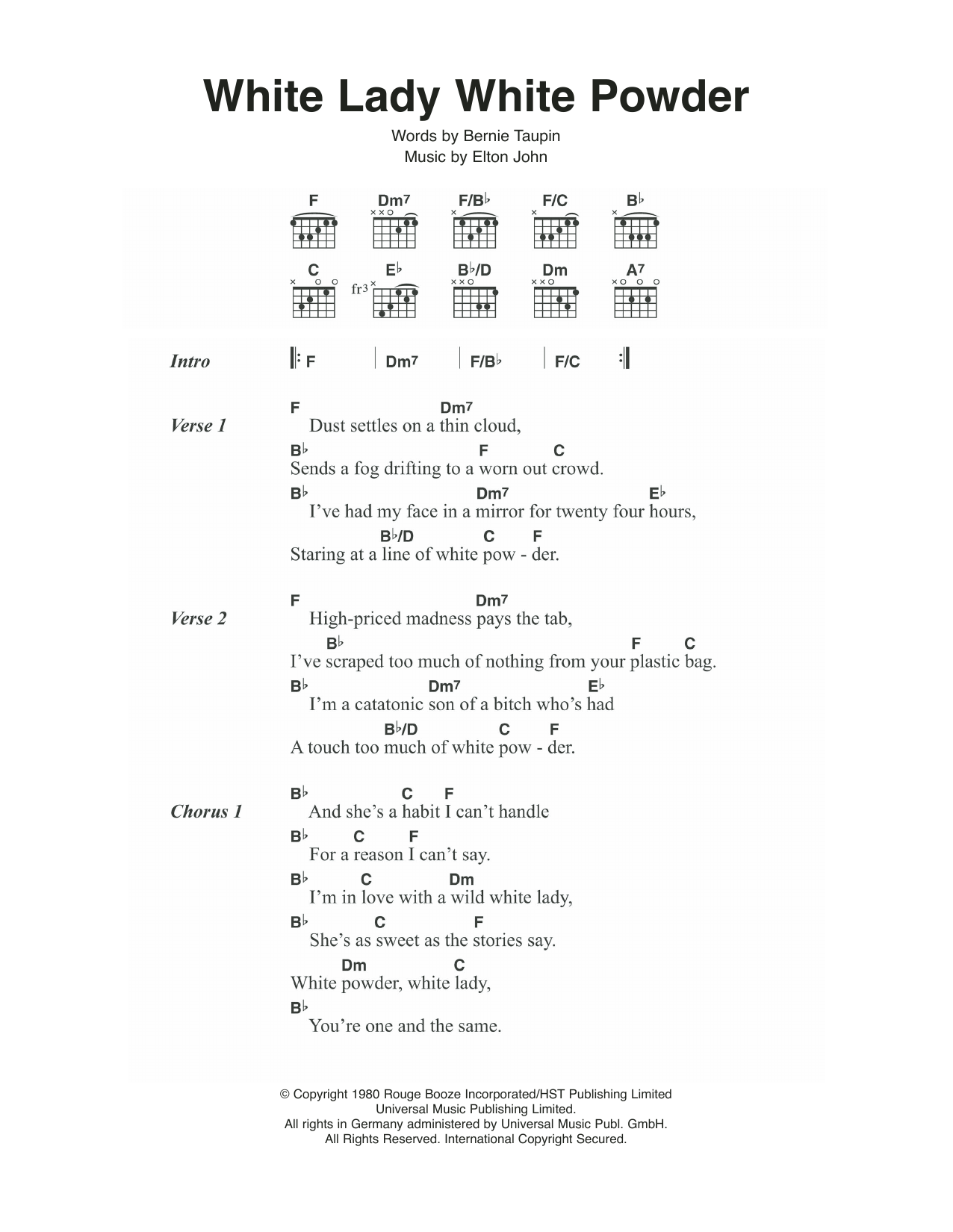 Elton John White Lady White Powder sheet music notes and chords. Download Printable PDF.