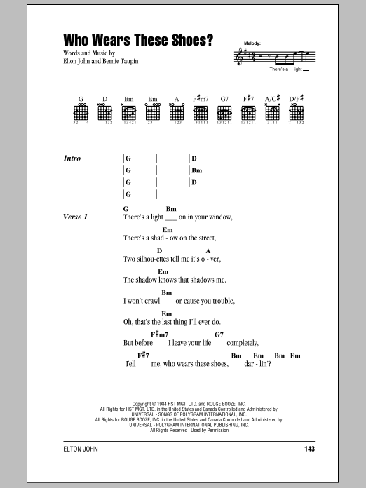 Elton John Who Wears These Shoes? sheet music notes and chords. Download Printable PDF.