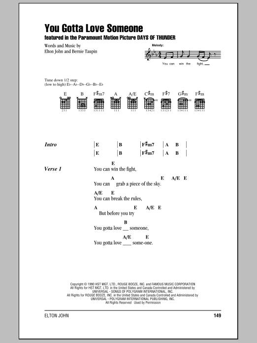 Elton John You Gotta Love Someone sheet music notes and chords. Download Printable PDF.