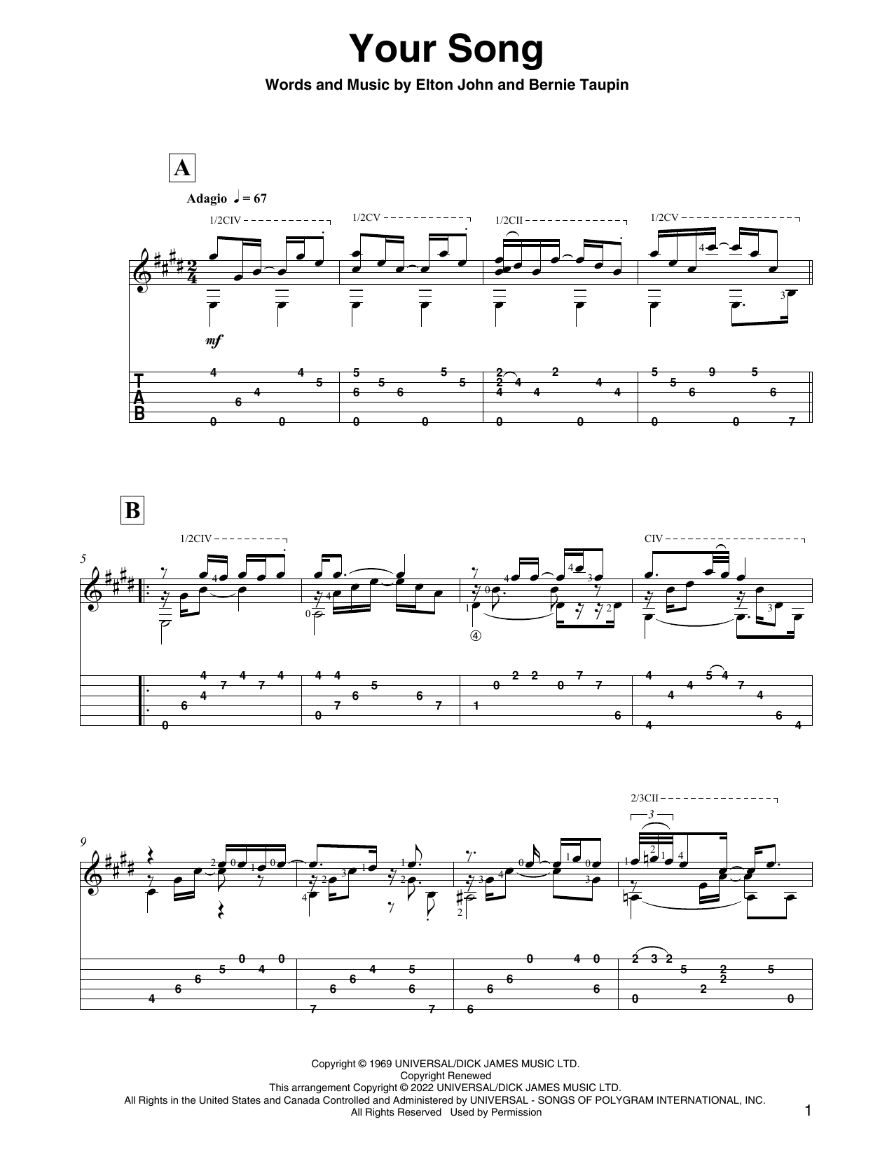 Elton John Your Song (arr. David Jaggs) sheet music notes and chords. Download Printable PDF.