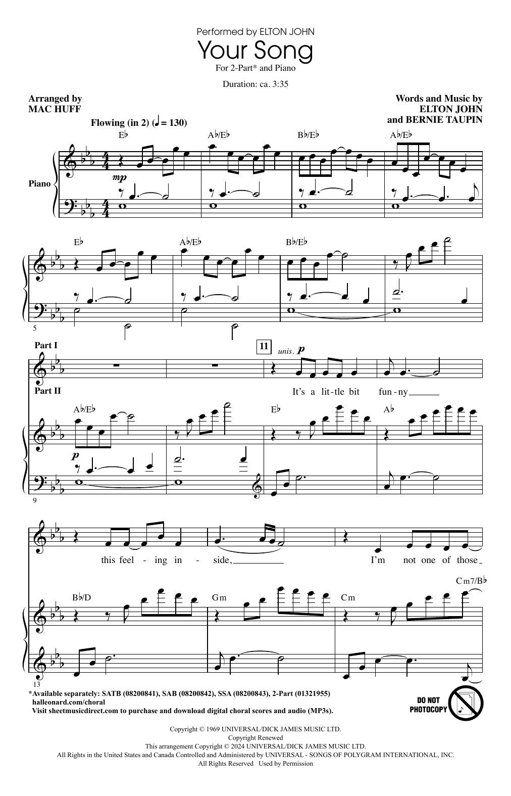 Elton John Your Song (arr. Mac Huff) sheet music notes and chords. Download Printable PDF.