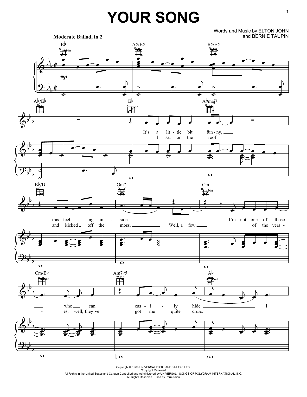 Elton John Your Song sheet music notes and chords arranged for 5-Finger Piano