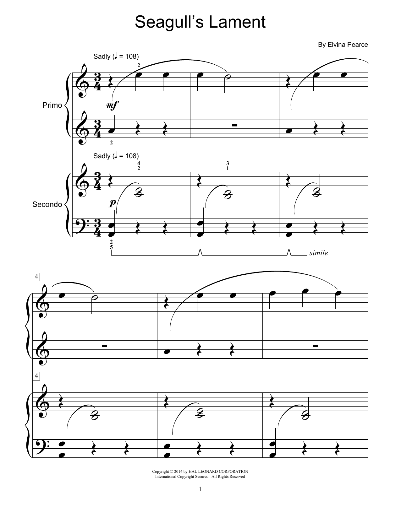 Learn to play Elvina Pearce Seagull's Lament sheet music for Piano Duet in minutes. Price: 7.8900$ Elvina Pearce Seagull's Lament sheet music notes and chords arranged for Piano Duet