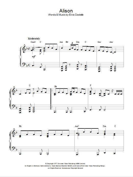 Elvis Costello Alison sheet music notes and chords. Download Printable PDF.