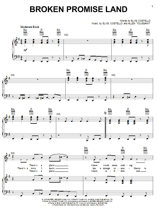 Learn to play Elvis Costello and Allen Toussaint Broken Promise Land sheet music for Piano, Vocal & Guitar Chords (Right-Hand Melody) in minutes. Price: 7.8900$ Elvis Costello and Allen Toussaint Broken Promise Land sheet music notes and chords arranged for Piano, Vocal & Guitar Chords (Right-Hand Melody)