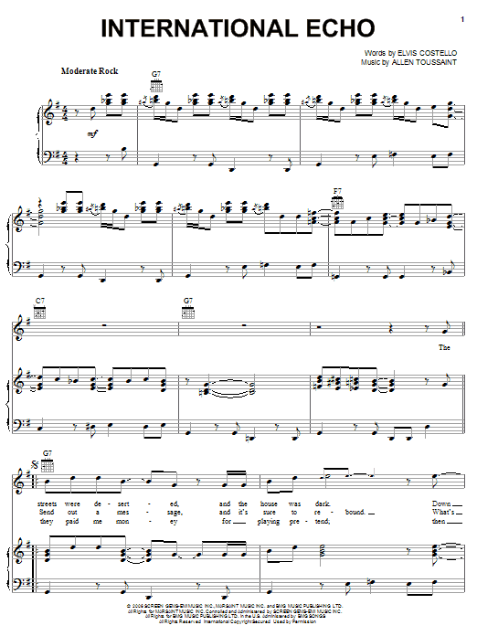 Learn to play Elvis Costello and Allen Toussaint International Echo sheet music for Piano, Vocal & Guitar Chords (Right-Hand Melody) in minutes. Price: 7.8900$ Elvis Costello and Allen Toussaint International Echo sheet music notes and chords arranged for Piano, Vocal & Guitar Chords (Right-Hand Melody)