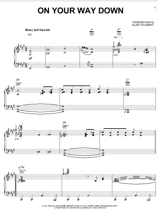 Learn to play Elvis Costello and Allen Toussaint On Your Way Down sheet music for Piano, Vocal & Guitar Chords (Right-Hand Melody) in minutes. Price: 7.8900$ Elvis Costello and Allen Toussaint On Your Way Down sheet music notes and chords arranged for Piano, Vocal & Guitar Chords (Right-Hand Melody)