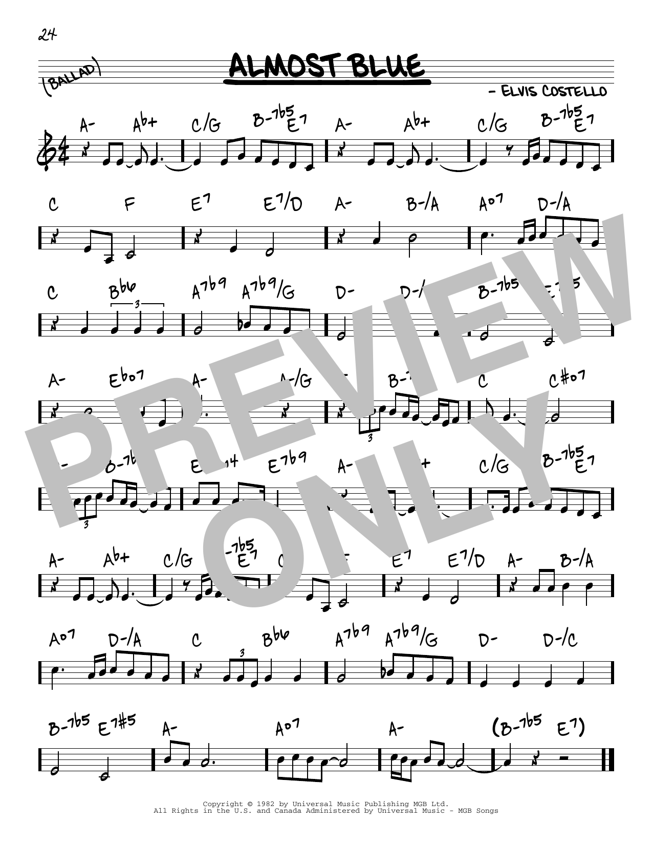 Elvis Costello Almost Blue sheet music notes and chords. Download Printable PDF.