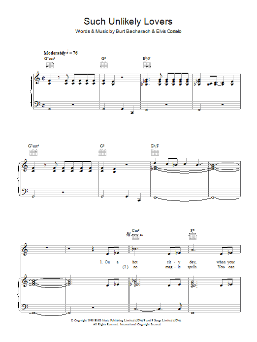 Learn to play Elvis Costello and Burt Bacharach Such Unlikely Lovers sheet music for Piano, Vocal & Guitar Chords in minutes. Price: 7.8900$ Elvis Costello and Burt Bacharach Such Unlikely Lovers sheet music notes and chords arranged for Piano, Vocal & Guitar Chords