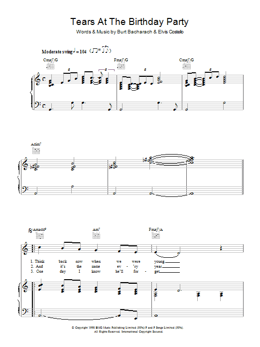 Learn to play Elvis Costello and Burt Bacharach Tears At The Birthday Party sheet music for Piano, Vocal & Guitar Chords in minutes. Price: 7.8900$ Elvis Costello and Burt Bacharach Tears At The Birthday Party sheet music notes and chords arranged for Piano, Vocal & Guitar Chords