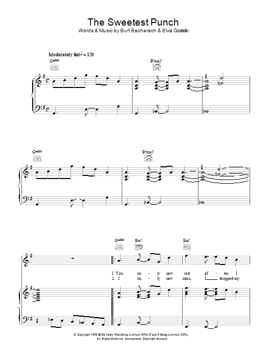 Learn to play Elvis Costello and Burt Bacharach The Sweetest Punch sheet music for Piano, Vocal & Guitar Chords in minutes. Price: 7.8900$ Elvis Costello and Burt Bacharach The Sweetest Punch sheet music notes and chords arranged for Piano, Vocal & Guitar Chords