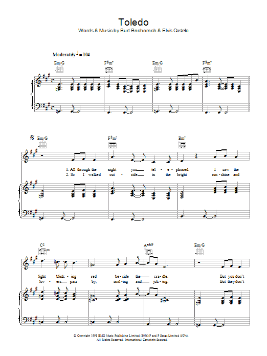 Learn to play Elvis Costello and Burt Bacharach Toledo sheet music for Piano, Vocal & Guitar Chords in minutes. Price: 7.8900$ Elvis Costello and Burt Bacharach Toledo sheet music notes and chords arranged for Piano, Vocal & Guitar Chords