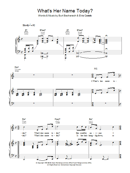 Elvis Costello and Burt Bacharach What's Her Name Today? sheet music notes and chords. Download Printable PDF.