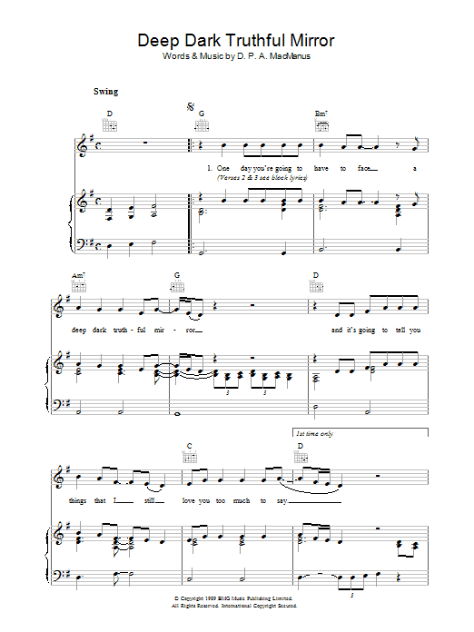 Learn to play Elvis Costello Deep Dark Truthful Mirror sheet music for Piano, Vocal & Guitar Chords in minutes. Price: 7.8900$ Elvis Costello Deep Dark Truthful Mirror sheet music notes and chords arranged for Piano, Vocal & Guitar Chords