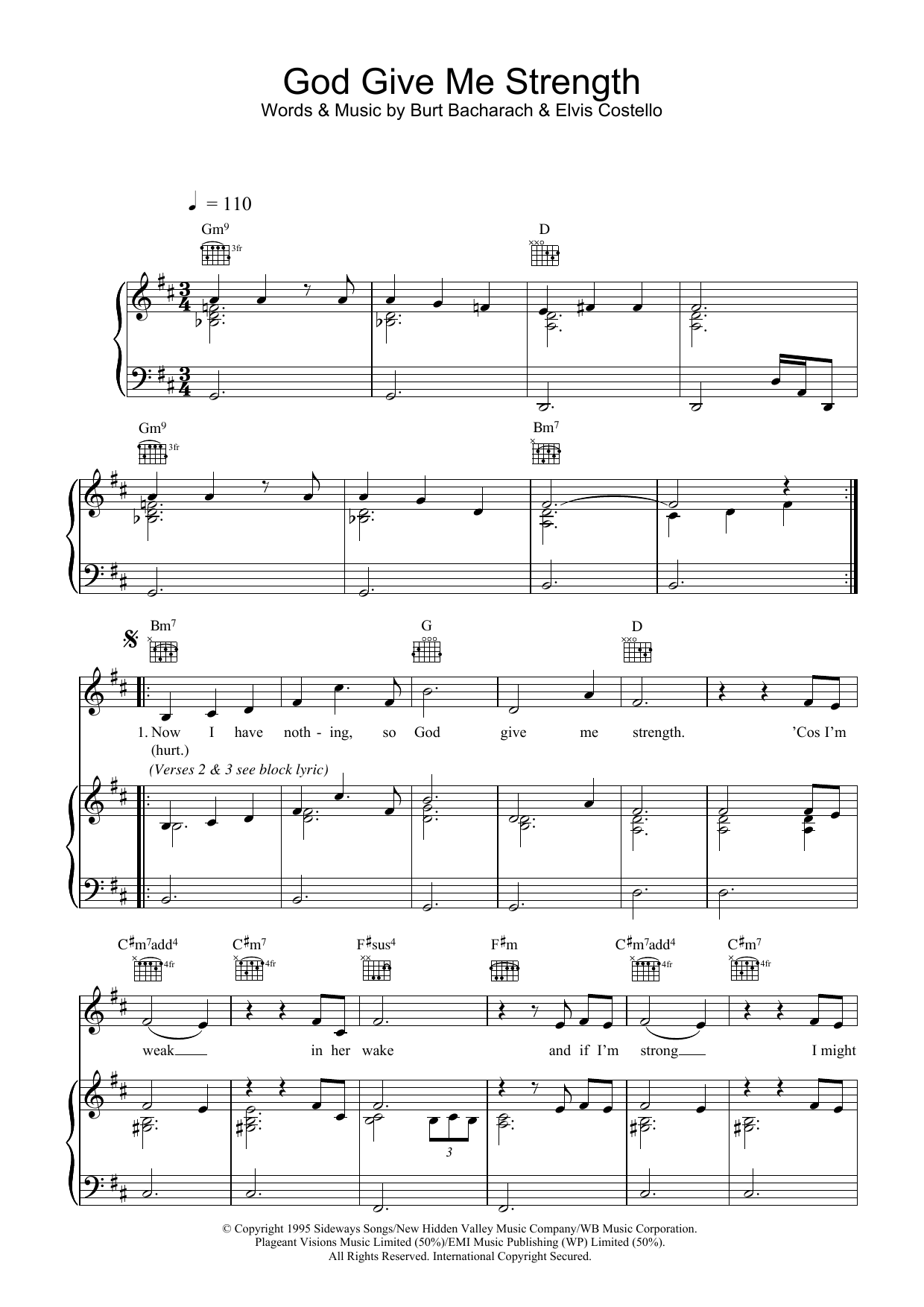 Elvis Costello and Burt Bacharach God Give Me Strength sheet music notes and chords. Download Printable PDF.