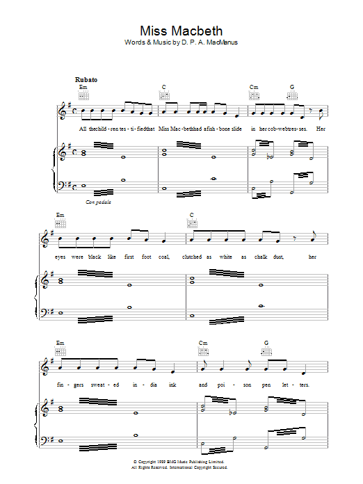 Learn to play Elvis Costello Miss Macbeth sheet music for Piano, Vocal & Guitar Chords in minutes. Price: 7.8900$ Elvis Costello Miss Macbeth sheet music notes and chords arranged for Piano, Vocal & Guitar Chords