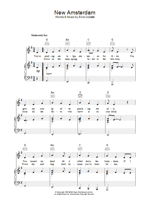 Learn to play Elvis Costello New Amsterdam sheet music for Piano, Vocal & Guitar Chords in minutes. Price: 7.8900$ Elvis Costello New Amsterdam sheet music notes and chords arranged for Piano, Vocal & Guitar Chords