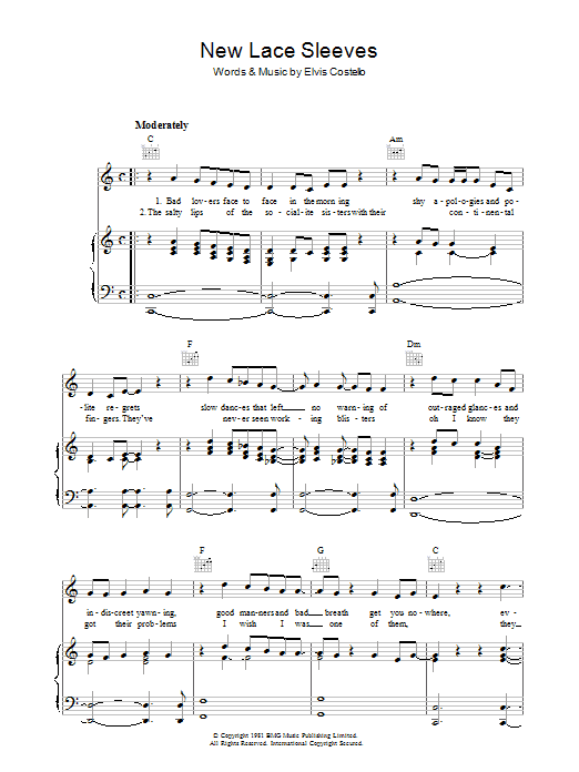 Learn to play Elvis Costello New Lace Sleeves sheet music for Piano, Vocal & Guitar Chords in minutes. Price: 7.8900$ Elvis Costello New Lace Sleeves sheet music notes and chords arranged for Piano, Vocal & Guitar Chords