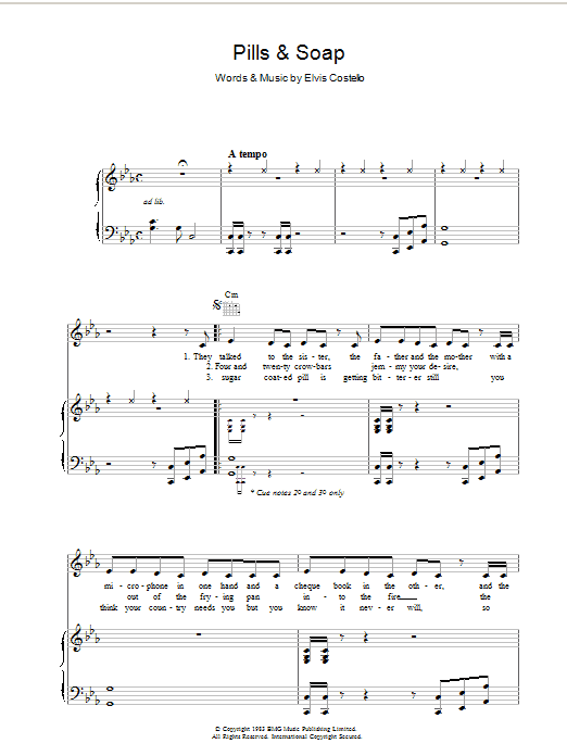 Learn to play Elvis Costello Pills And Soap sheet music for Piano, Vocal & Guitar Chords in minutes. Price: 7.8900$ Elvis Costello Pills And Soap sheet music notes and chords arranged for Piano, Vocal & Guitar Chords