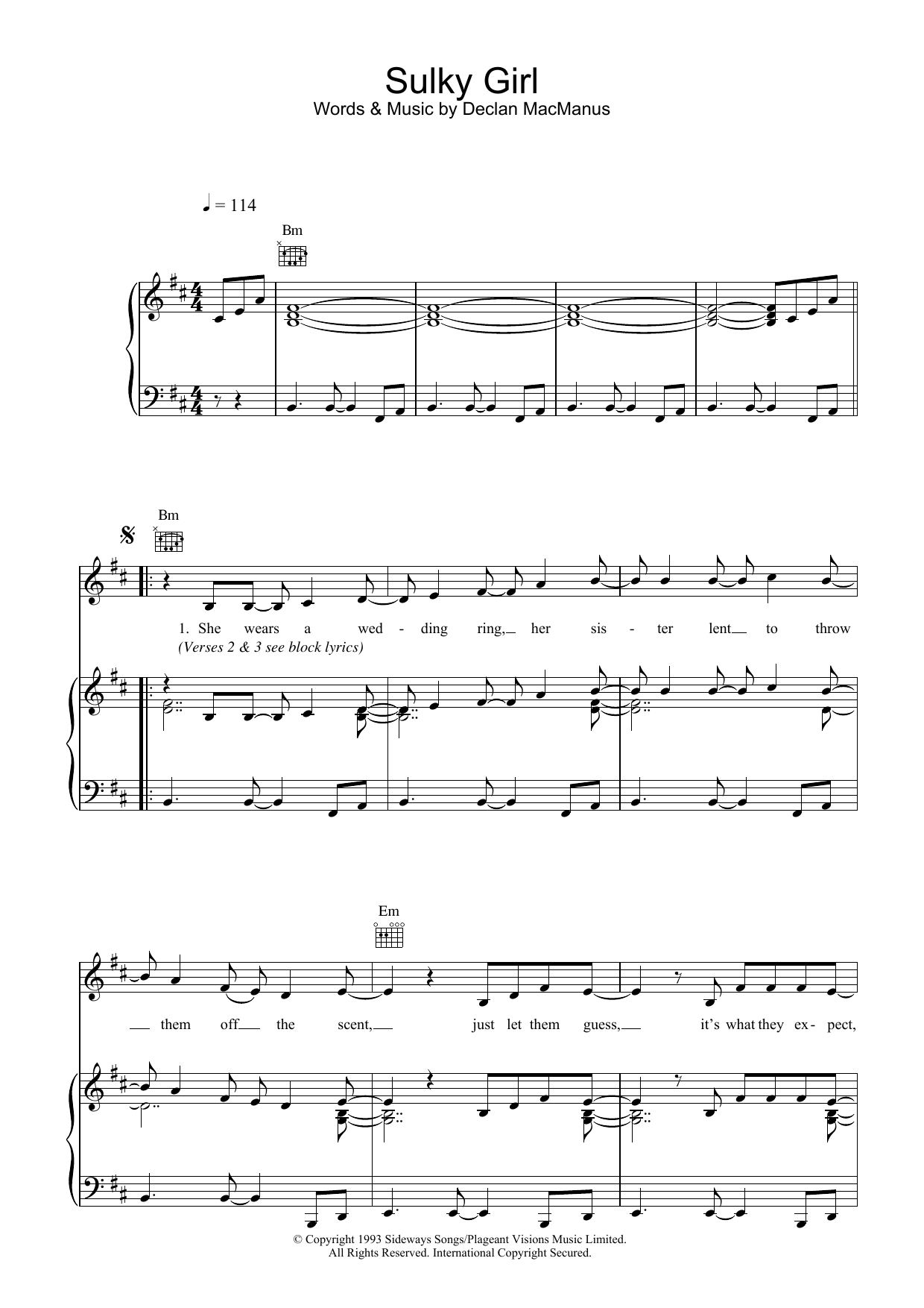 Elvis Costello Sulky Girl sheet music notes and chords arranged for Piano, Vocal & Guitar Chords