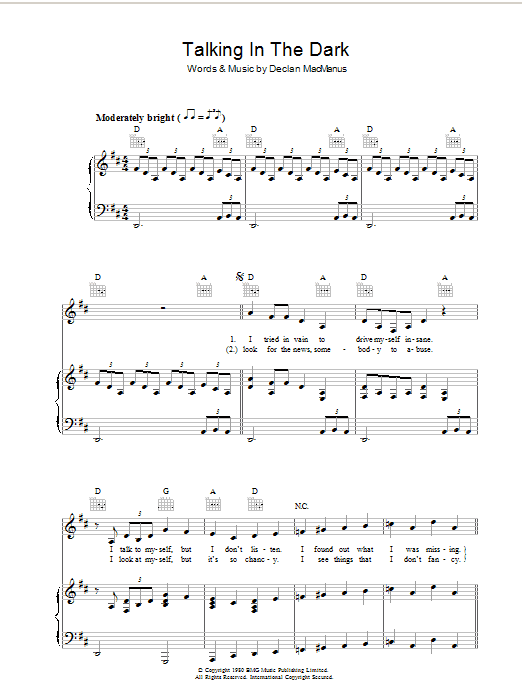 Learn to play Elvis Costello Talking In The Dark sheet music for Piano, Vocal & Guitar Chords in minutes. Price: 7.8900$ Elvis Costello Talking In The Dark sheet music notes and chords arranged for Piano, Vocal & Guitar Chords