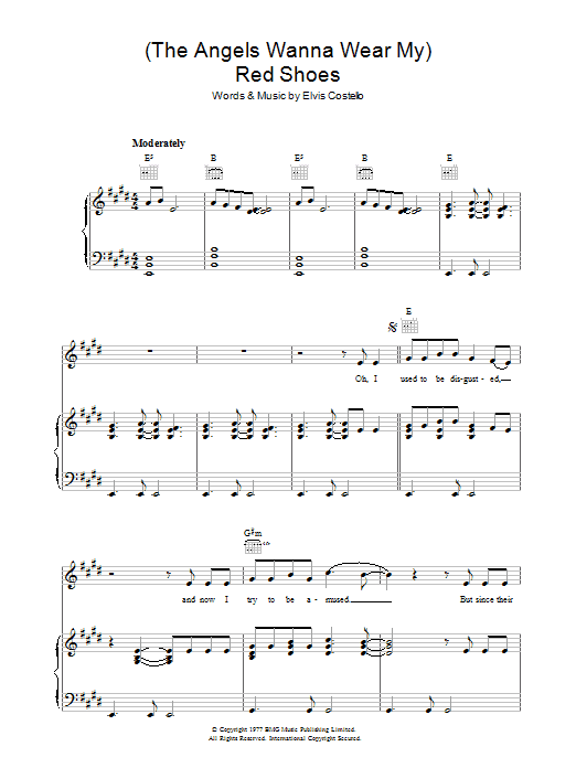 Learn to play Elvis Costello (The Angels Wanna Wear My) Red Shoes sheet music for Piano, Vocal & Guitar Chords in minutes. Price: 7.8900$ Elvis Costello (The Angels Wanna Wear My) Red Shoes sheet music notes and chords arranged for Piano, Vocal & Guitar Chords