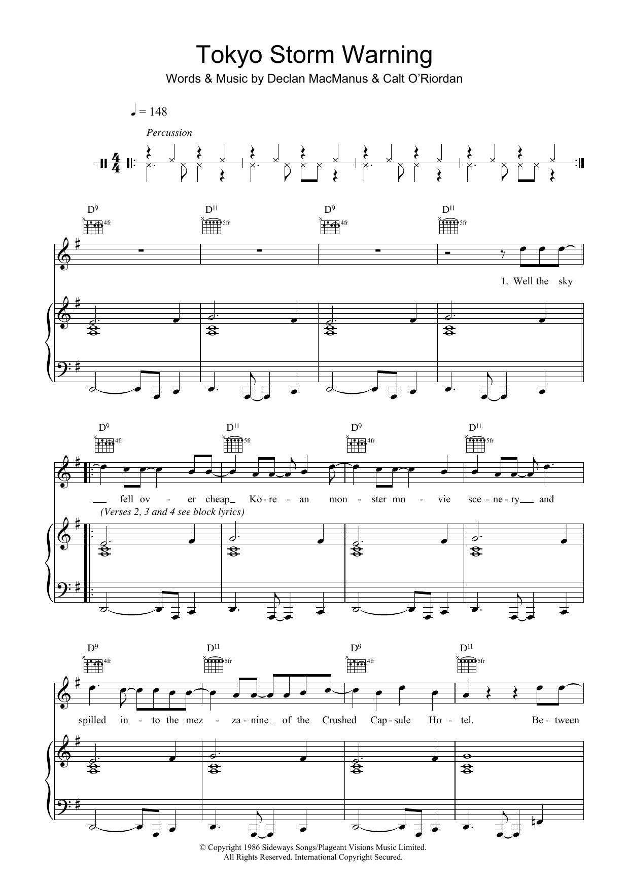 Learn to play Elvis Costello Tokyo Storm Warning sheet music for Piano, Vocal & Guitar Chords in minutes. Price: 7.8900$ Elvis Costello Tokyo Storm Warning sheet music notes and chords arranged for Piano, Vocal & Guitar Chords