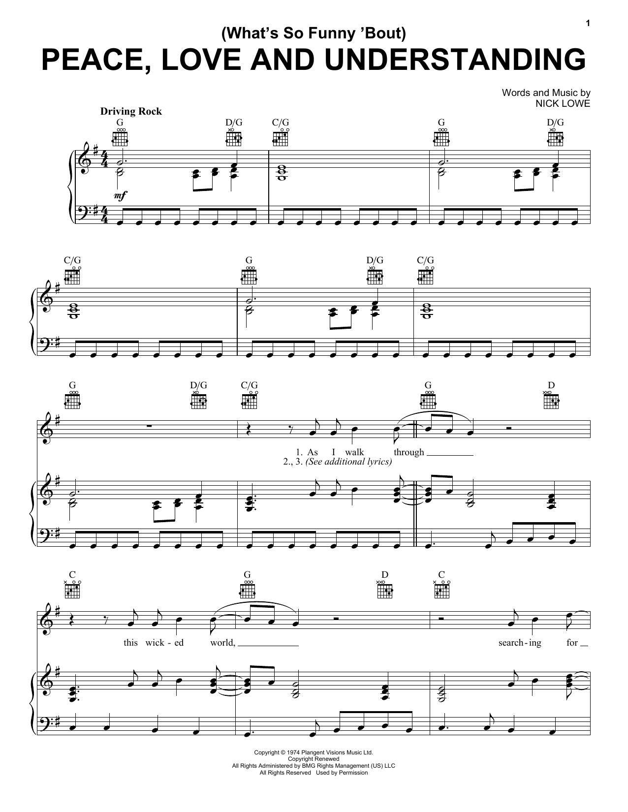 Elvis Costello (What's So Funny 'Bout) Peace, Love And Understanding sheet music notes and chords. Download Printable PDF.