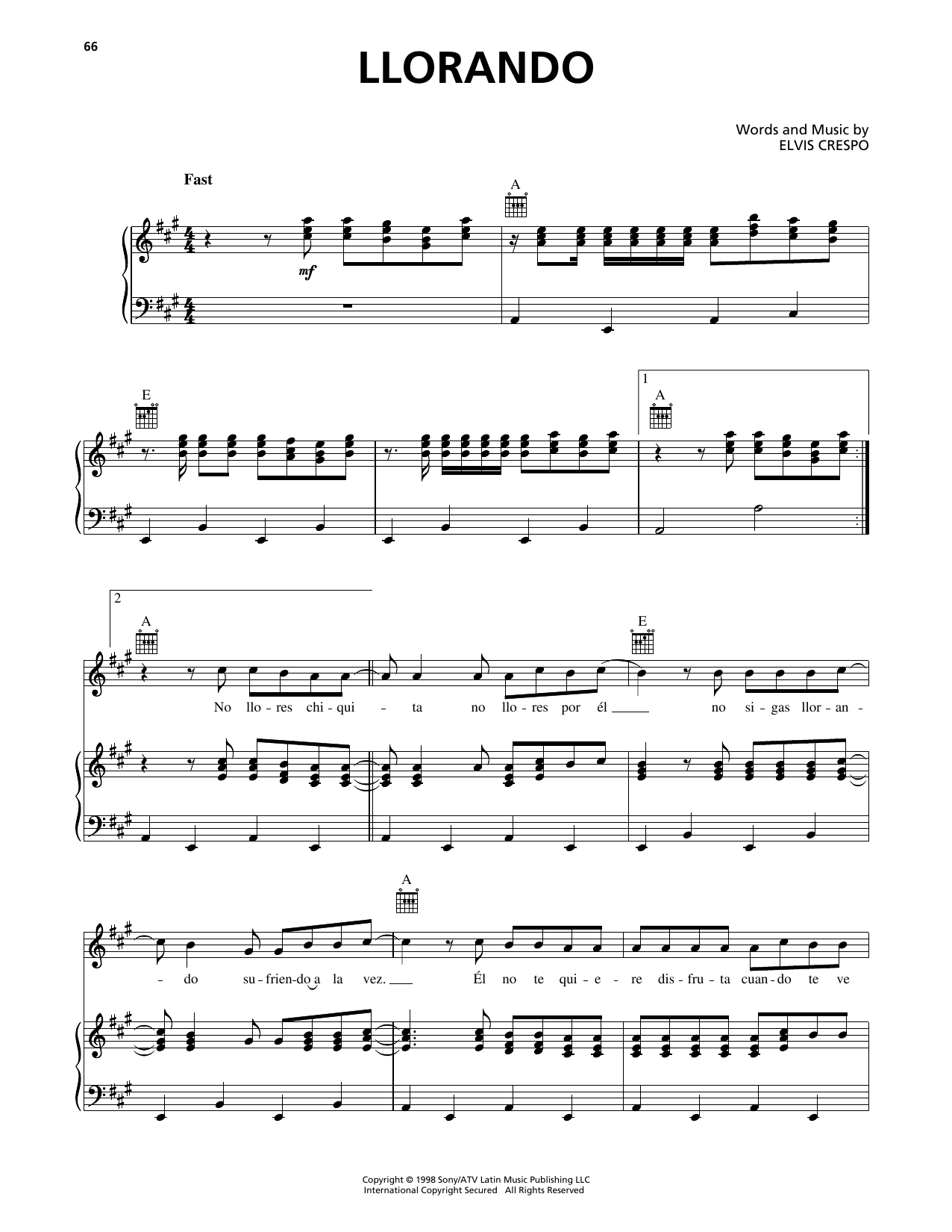 Learn to play Elvis Crespo Llorando sheet music for Piano, Vocal & Guitar Chords (Right-Hand Melody) in minutes. Price: 7.8900$ Elvis Crespo Llorando sheet music notes and chords arranged for Piano, Vocal & Guitar Chords (Right-Hand Melody)