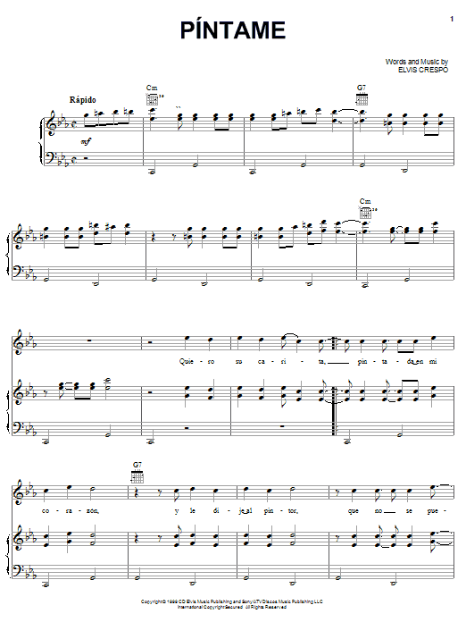 Learn to play Elvis Crespo Pintame sheet music for Piano, Vocal & Guitar Chords (Right-Hand Melody) in minutes. Price: 7.8900$ Elvis Crespo Pintame sheet music notes and chords arranged for Piano, Vocal & Guitar Chords (Right-Hand Melody)