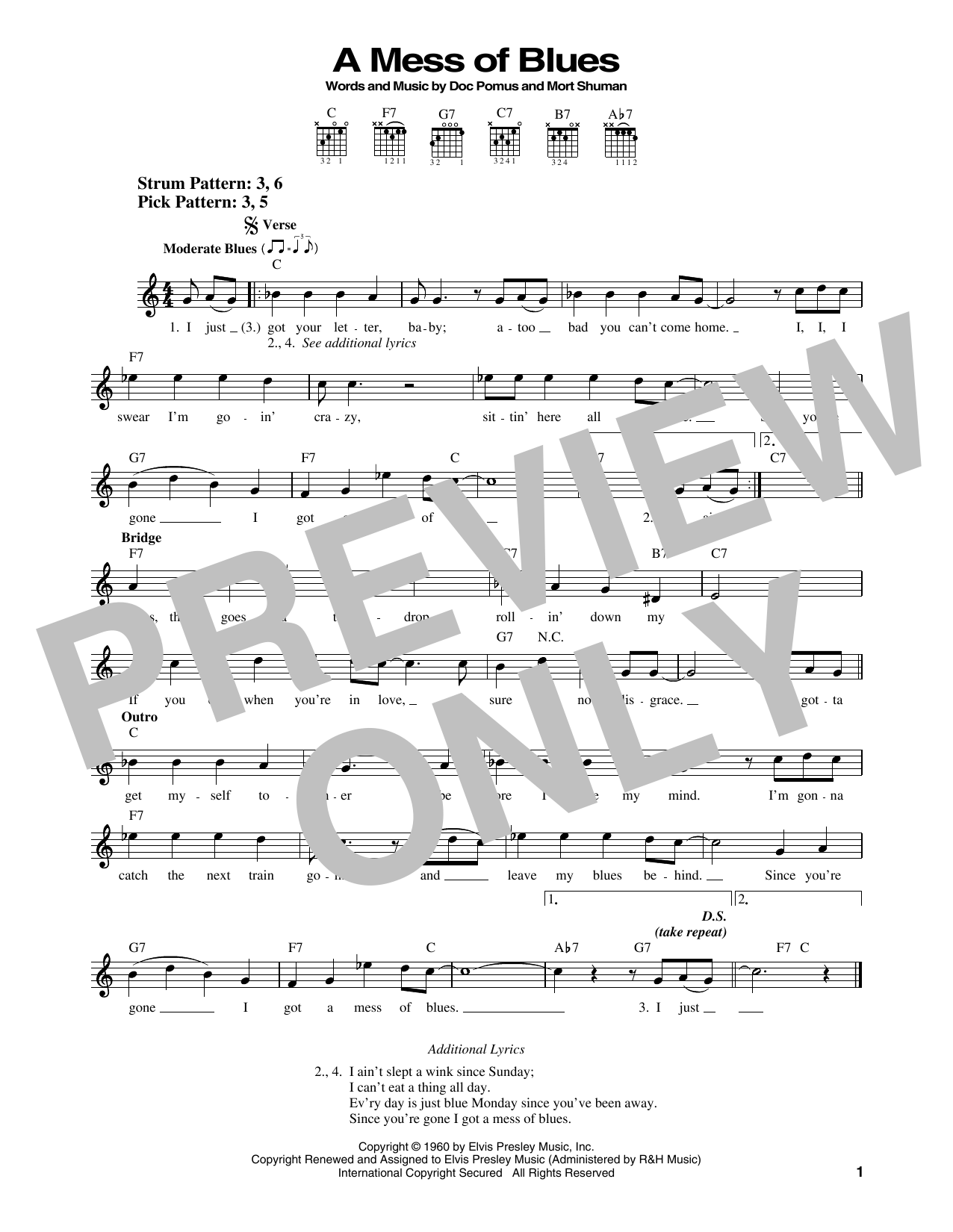 Elvis Presley A Mess Of Blues sheet music notes and chords. Download Printable PDF.