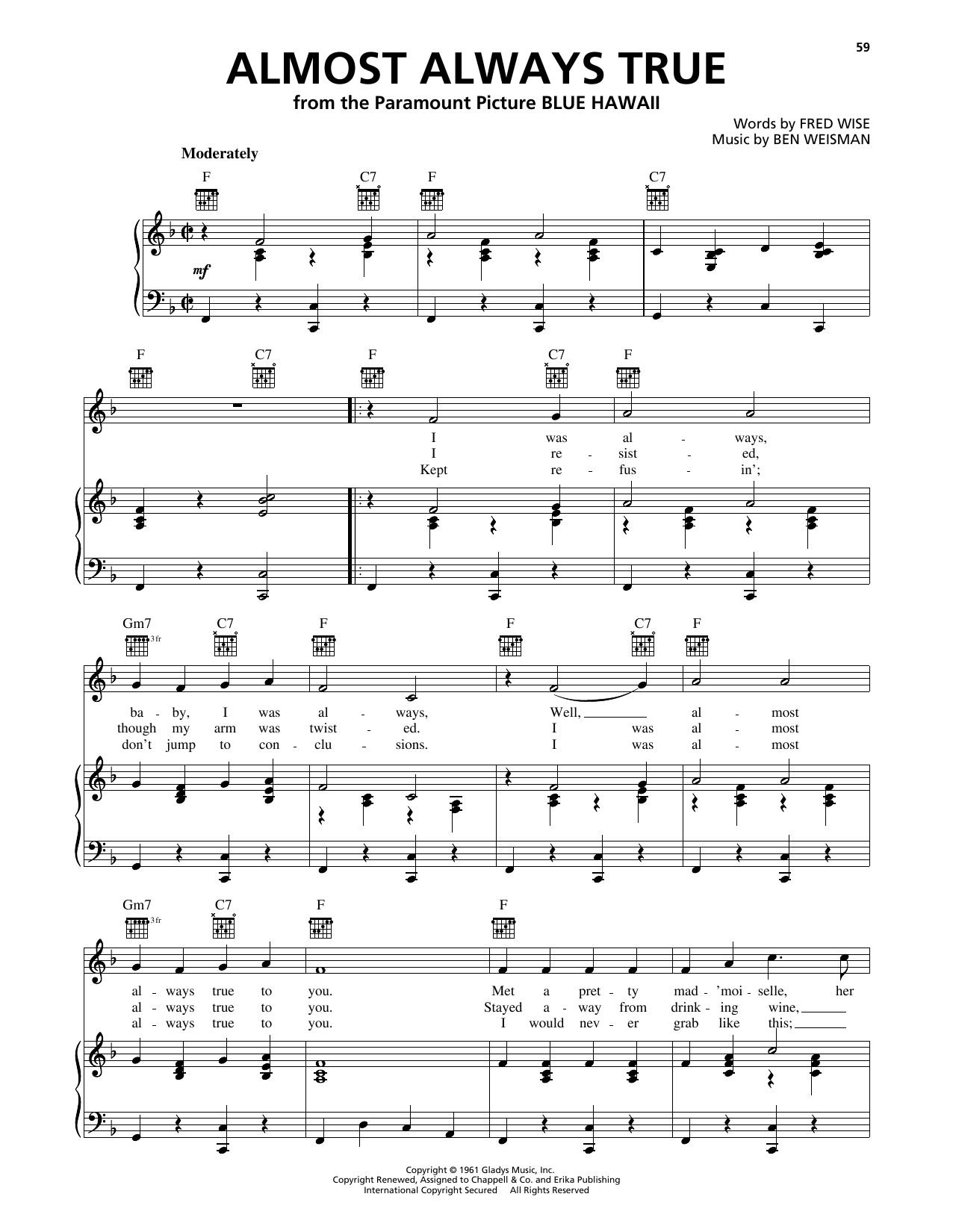 Learn to play Elvis Presley Almost Always True sheet music for Piano, Vocal & Guitar Chords (Right-Hand Melody) in minutes. Price: 7.8900$ Elvis Presley Almost Always True sheet music notes and chords arranged for Piano, Vocal & Guitar Chords (Right-Hand Melody)