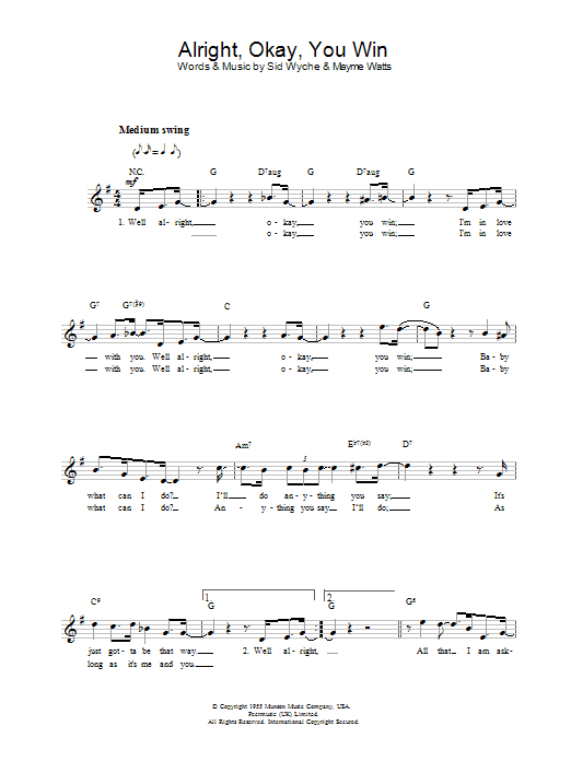 Peggy Lee Alright, Okay, You Win sheet music notes and chords. Download Printable PDF.