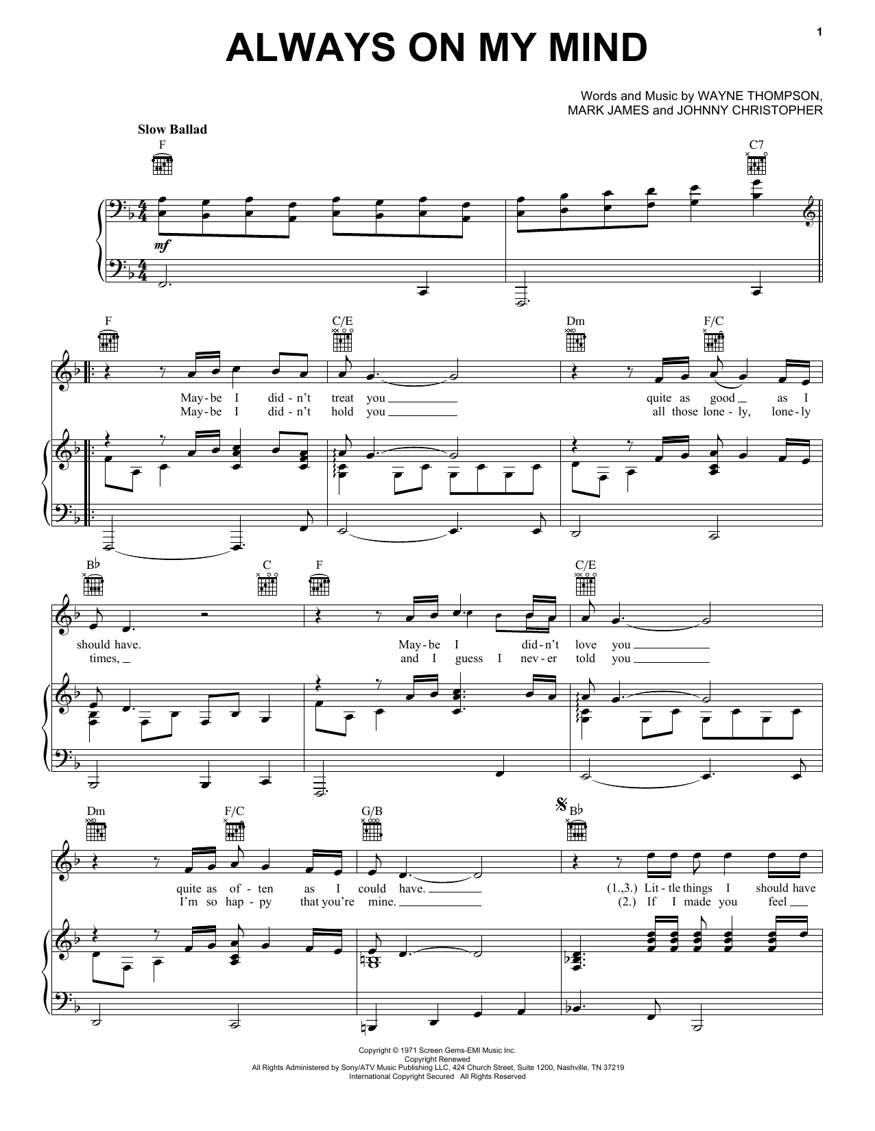 Elvis Presley Always On My Mind sheet music notes and chords. Download Printable PDF.