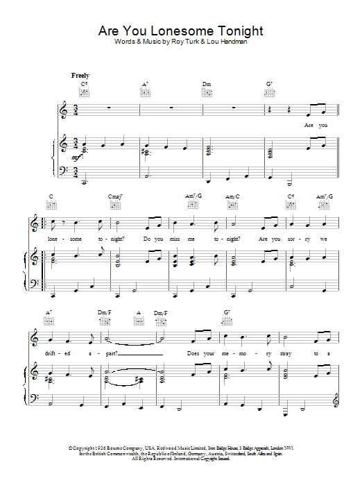 Elvis Presley Are You Lonesome Tonight sheet music notes and chords. Download Printable PDF.