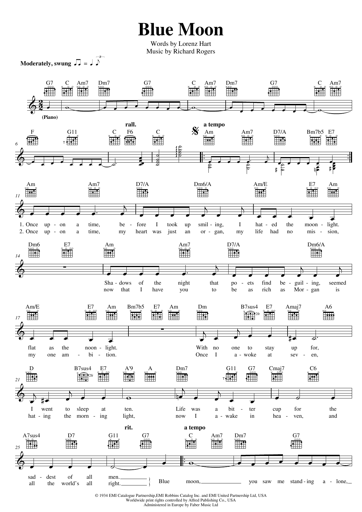 Elvis Presley Blue Moon sheet music notes and chords. Download Printable PDF.