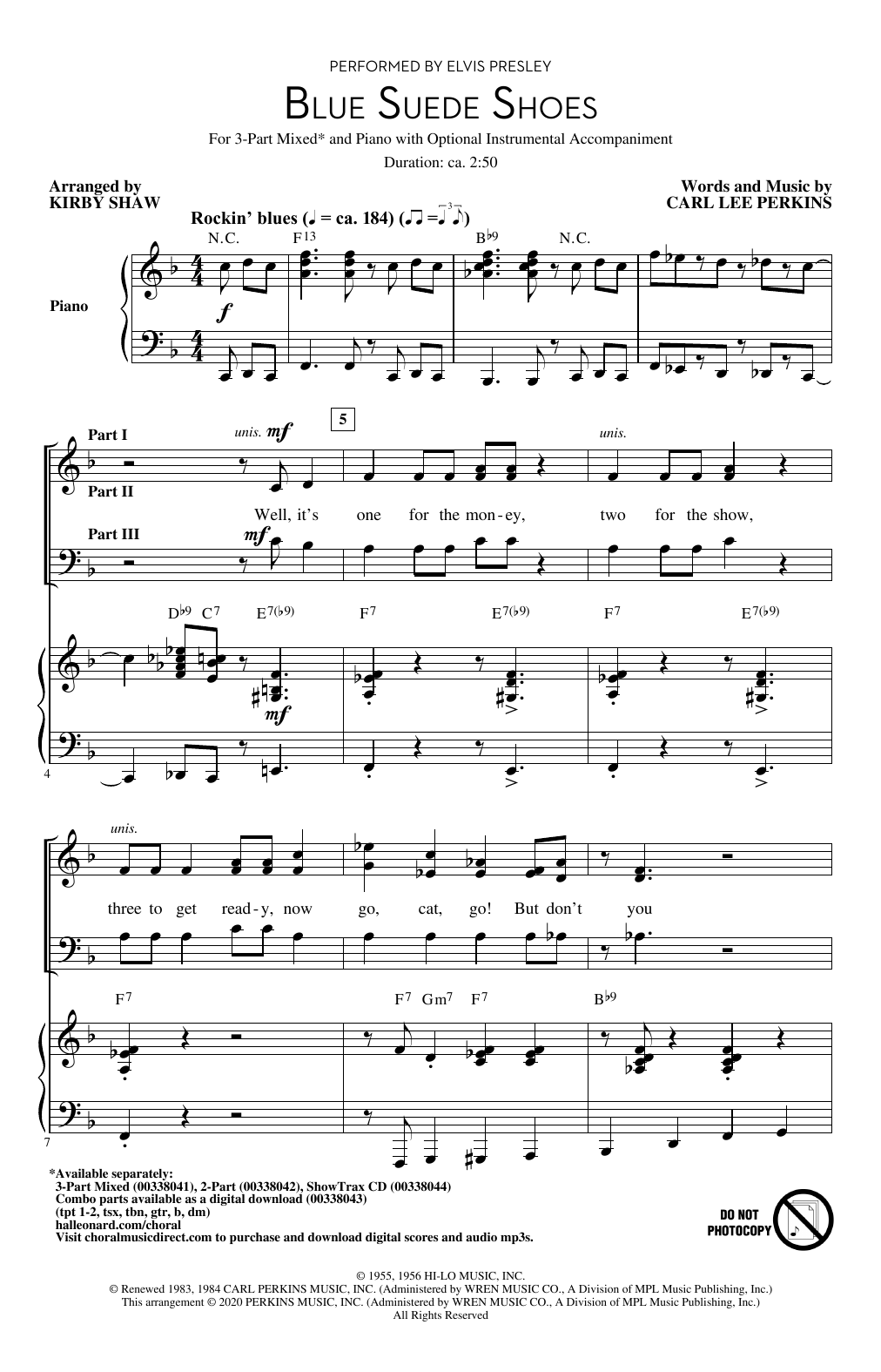 Elvis Presley Blue Suede Shoes (arr. Kirby Shaw) sheet music notes and chords. Download Printable PDF.