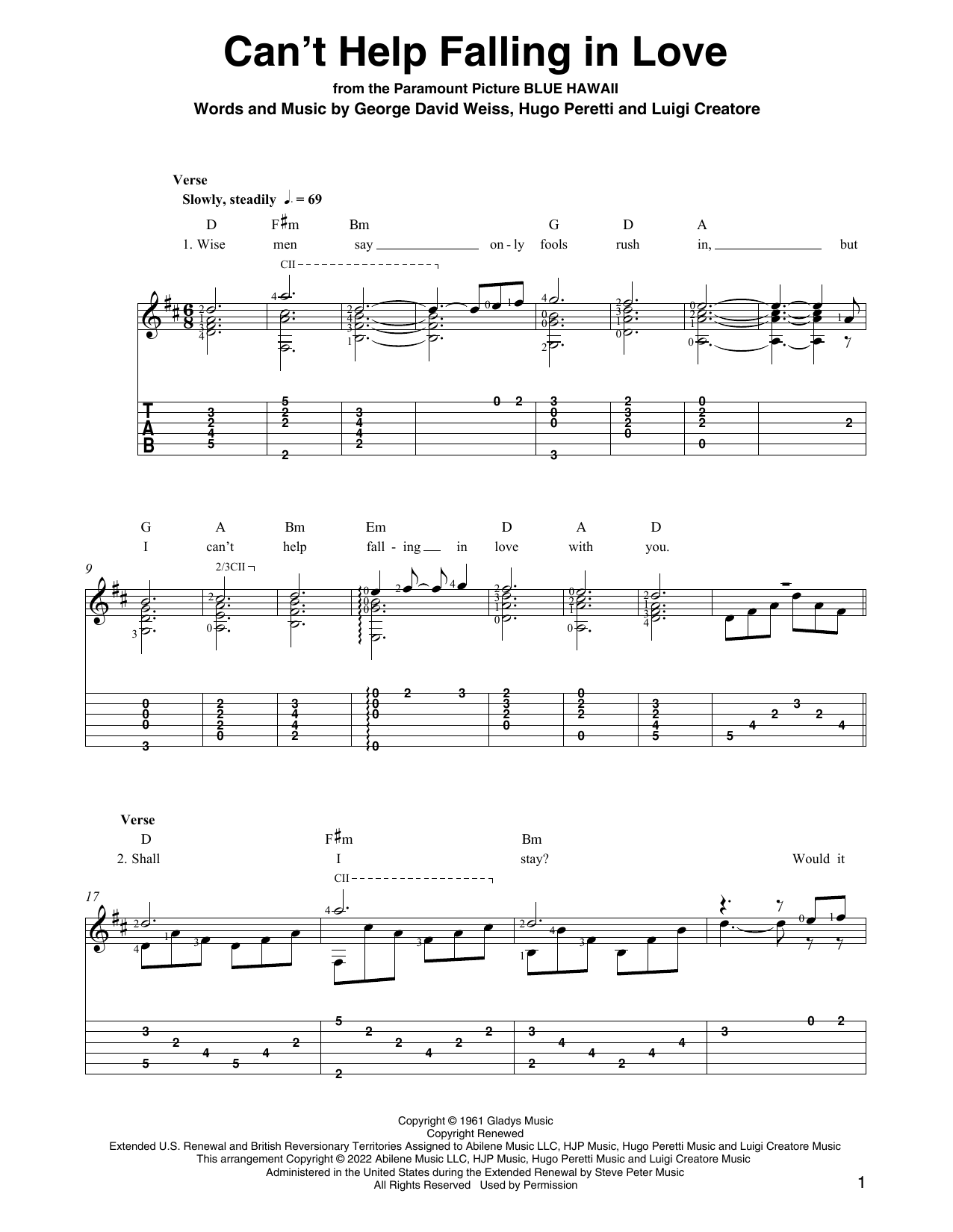 Elvis Presley Can't Help Falling In Love (arr. Ben Pila) sheet music notes and chords. Download Printable PDF.