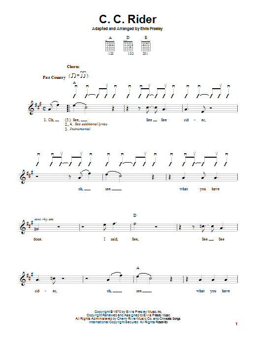 Elvis Presley C.C. Rider sheet music notes and chords. Download Printable PDF.