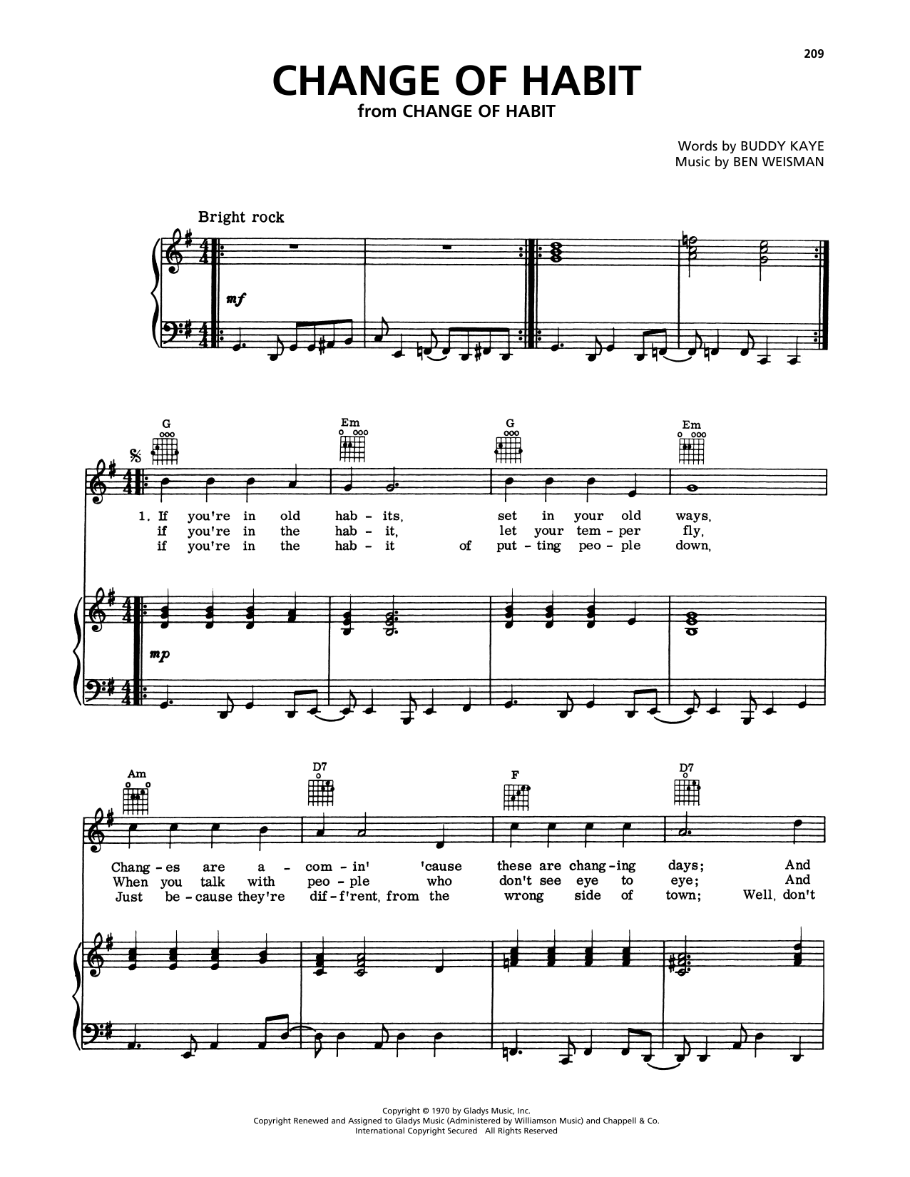 Elvis Presley Change Of Habit sheet music notes and chords arranged for Piano, Vocal & Guitar Chords (Right-Hand Melody)